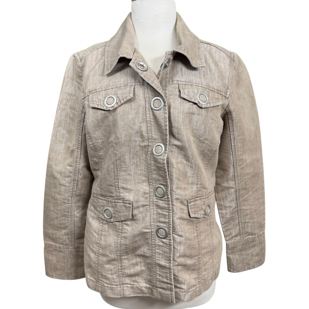 Vintage Live a Little Grommet Button Utility Jacket Taupe Beige Linen Cotton Siz